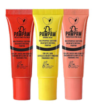Load image into Gallery viewer, This Ultimate Miracle Multipurpose Soothing Balm Trio Collection comes in a great little pyramid case. The Original Clear Balm hydrates and nourishes lips, skin and cuticles.  It soothes dry, cracked, irritated and sensitive skin such as hands, elbows and heels. The Tinted Ultimate Red &amp; Peach Pink Balms offer the same hydrating and nourishing formula, adding a buildable lip and cheek tint for those nights out.  Fragrance Free Cruelty Free Vegan Each Balm - 10ml
