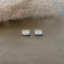Load image into Gallery viewer, These simple studs draw attention with its drop of sunlight sparkle.  They have a small and delicate presence, and will shine with any of your outfits for any occasion.  Details:  Druzy quartz studs Disc backing Hypoallergenic Nickel/ lead free 3 coats anti tarnish. Shown: White
