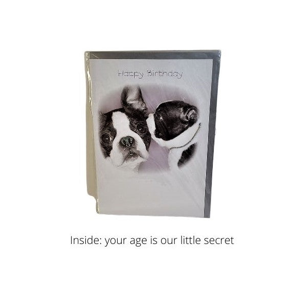 Birthday Greeting Card - Cover Picture: One dog whispering to another - Cover Words: Happy Birthday - Inside Message:  your age is our little secret