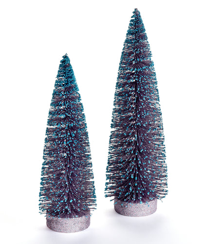Create a winter wonderland on your mantel, sideboard or dining room table with these charming bottle brush Christmas trees in on-trend hues. Crafted from sisal fiber sprayed with festive glitter and perched on wood stands. 2 Sizes Available:  Medium:  14