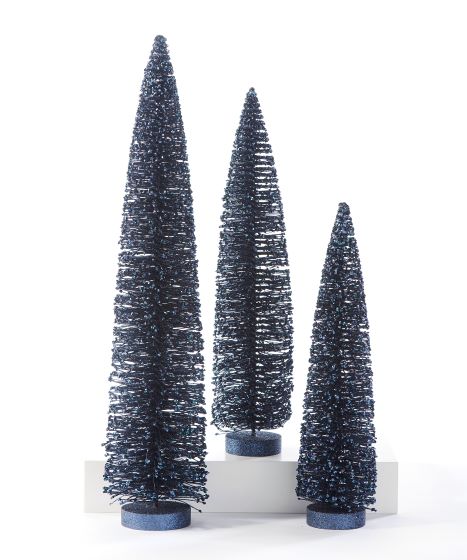 Create a winter wonderland on your mantel, sideboard or dining room table with these charming bottle brush Christmas trees in on-trend hues. Crafted from sisal fiber sprayed with festive glitter and perched on pvc stands. 3 Sizes Available:  Large:  18