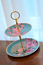 Load image into Gallery viewer, 2-Tier Porcelain Cake Stand with beautiful floral and bird design.  Spring feel. Beautiful gold trim and center stand.
