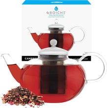 Load image into Gallery viewer, A large glass teapot that blends beautiful design with quality materials such as borosilicate glass &amp; stainless steel. Extra large 2 liter / 68 fl. oz capacity makes this the perfect teapot for when you have company or need more than a couple of cups of tea.  With a stainless steel ultra fine unbreakable infuser.
