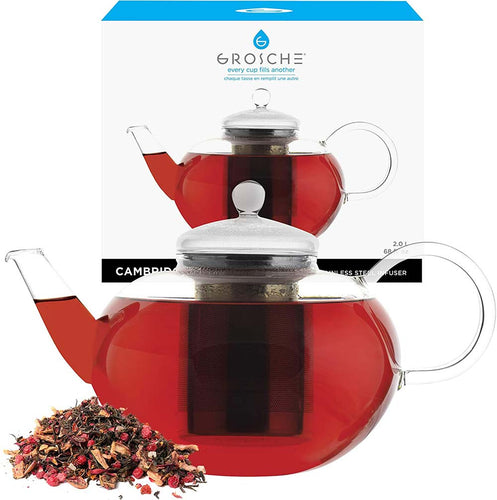 A large glass teapot that blends beautiful design with quality materials such as borosilicate glass & stainless steel. Extra large 2 liter / 68 fl. oz capacity makes this the perfect teapot for when you have company or need more than a couple of cups of tea.  With a stainless steel ultra fine unbreakable infuser.