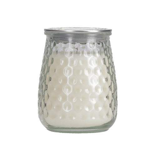 Made from a lovely dimpled surface glass, this beautiful candle is topped with a metal lid to protect it from dust or damage, helping them last longer.  Classic Linen Scent