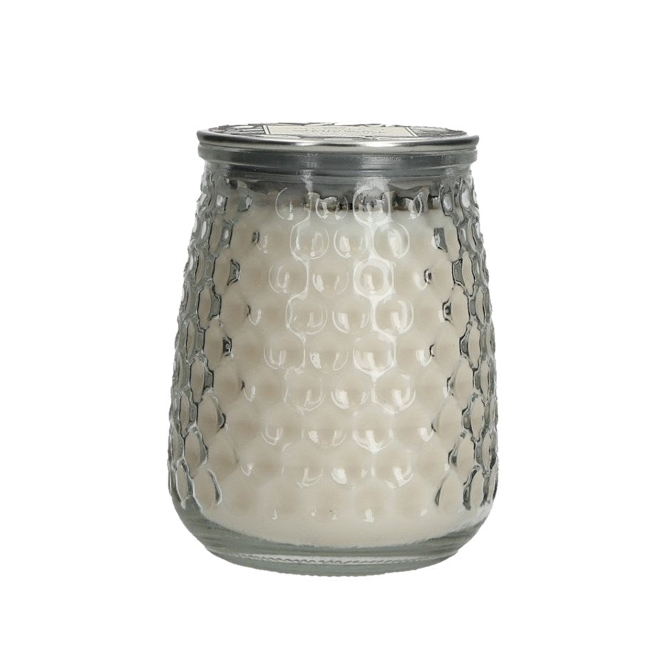 Made from a lovely dimpled surface glass, this beautiful candle is topped with a metal lid to protect it from dust or damage, helping them last longer.  Dahlia and White Musk Scent