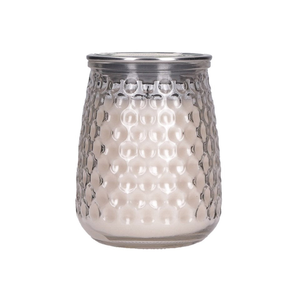 Made from a lovely dimpled surface glass, this beautiful candle is topped with a metal lid to protect it from dust or damage, helping them last longer.  Shimmering Snowberry Scent