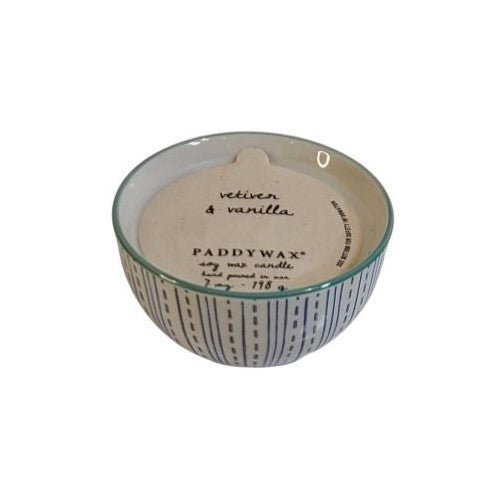 Handpainted ceramic bowl with hand poured soy wax. Made with a second life in mind, these unique ceramic pieces will make great trinket bowls for any room in your home once the candles are done. Scent: Vetiver & Vanilla . Size: 4