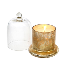 Load image into Gallery viewer, Made from a lovely clear glass with a rounded knob, this cloche allows the beauty of the candle&#39;s design to been seen while preserving its scent, and protecting the candle from dust or damage, helping them last longer.  Features a beautiful Amber Spruce scent of wintergreen, and eucalyptus leaves.  LENGTH: 3.25 WIDTH: 3.25 HEIGHT: 4.50 Shown: Lit Gold Cloche
