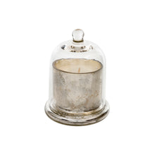 Load image into Gallery viewer, Made from a lovely clear glass with a rounded knob, this cloche allows the beauty of the candle&#39;s design to been seen while preserving its scent, and protecting the candle from dust or damage, helping them last longer.  Features a beautiful Amber Spruce scent of wintergreen, and eucalyptus leaves.  LENGTH: 3.25 WIDTH: 3.25 HEIGHT: 4.50 Shown: Silver Cloche
