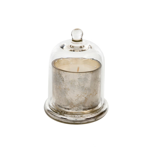 Made from a lovely clear glass with a rounded knob, this cloche allows the beauty of the candle's design to been seen while preserving its scent, and protecting the candle from dust or damage, helping them last longer.  Features a beautiful Amber Spruce scent of wintergreen, and eucalyptus leaves.  LENGTH: 3.25 WIDTH: 3.25 HEIGHT: 4.50 Shown: Silver Cloche