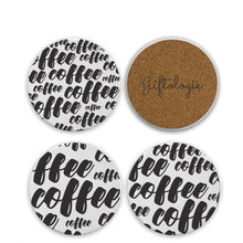 Load image into Gallery viewer, The Perk Coasters are the perfect accompaniment to your favourite hot beverage in the mornings. Each coaster is made of porcelain with a matte finish and &quot;coffee&quot; adorned all over it.  The back side is finished in cork.   Each coaster is 4&quot; round and is hand printed. Please allow for slight variances in the finish and colours.
