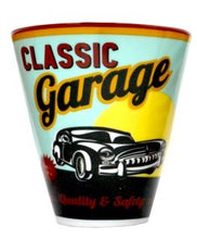 Load image into Gallery viewer, These Classic Retro 1950&#39;s Vintage-Style Auto Garage Espresso Demitasse Cups will ever go out of style.  Each beautiful porcelain cup has a unique Auto Garage design which pairs perfectly with any of our espresso machines.    4 Styles to choose from: Garage Express Tire Gasoline. Shown:  Classic Garage
