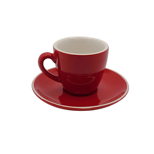 Who doesn't want a little Flair in their kitchen?  Impress your guests.  These beautiful Cup/Saucer sets will compliment any Espresso beverage.  Perfect as a Birthday, Father's Day, Hostess Gift, or Just Because.  Each Set Includes:  2 Red/White Ceramic Espresso Cups 2 Red/White Ceramic Espresso Saucers