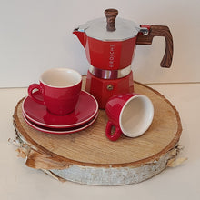 Load image into Gallery viewer, Red, bold and beautiful!  This Espresso gift set is a great addition to any home.    Perfect as a Birthday, Father&#39;s Day, Hostess Gift, or Just Because.  Set Includes:  (1) Red Grosche 3-cup Espresso Machine (2) Red/White Ceramic Espresso Cups and Saucers Gift Wrapping Included With Each Gift Set.  **All items in this set are also sold individually
