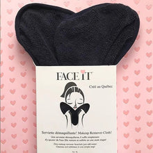Load image into Gallery viewer, A cleansing, cleaning and exfoliating make-up remover for the face and neck.The heart shape perfectly matches your face. Simply insert your hands into the pockets to exert the desired pressure and cleanse your face with a simple circular upward motion. 2 Colours to choose from: Pink Black. Before first use, wash in warm water with a mild detergent. After each use, clean by hand with warm water, squeeze well, then hang to dry. 100% polyester. Shown: Black Cloth
