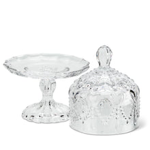 Load image into Gallery viewer, A delicate, pressed clear glass pedestal plate with dainty hearts and a matching cover for special treats.  Perfect for any dessert table.  Size:  6.5&quot; h  Material:  Glass
