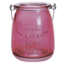 Load image into Gallery viewer, This Pink Glass Jar Tealight Candle Holder is a stylish home decor for lovers of pink and  glamorous interiors. These will also make an excellent outdoor decor. It makes an excellent accessory and gift idea for Valentine&#39;s Day, or any occasion, with it&#39;s &quot;Enjoy Life, Love, Living&quot; inscription.  Perfect for holding a little tealight or use for storing makeup, office or art supplies like brushes and markers.  Use freestanding or hang anywhere from the metal handle. Size:  3.5&quot; H x 3.5&quot;D *Includes (1) tealight
