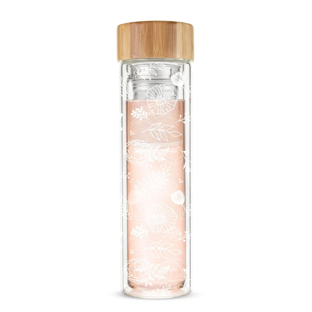 Take tea time anywhere with this chic portable infusing glass bottle. This double-walled 16 oz. botte keeps drinks at the perfect temperature while staying cool to the touch.  It includes a detachable strainer and infuser for loose-leaf tea.  Material:  Double-walled borosilicate glass, stainless steel, bamboo, & silicone Capacity: Holds 16 oz Care: Handwash only   Includes: Detachable infuser Infuse tea on-the-go Exterior wall stays cool to the touch and keeps contents hot or cold longer