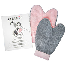 Load image into Gallery viewer, Two Body gloves in one!  The soft fabric side foams gently to wash the skin, while the other side vigorously exfoliates your body with its double woven fibres.  Leaves the skin fresh, clean and smooth, promoting cell renewal and instant radiance.   *EACH PACKAGE CONTAINS 2 GLOVES. 
