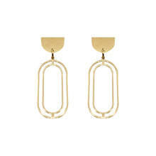Load image into Gallery viewer, The Olivia Goddess Earrings in gold derives it&#39;s roots from royalty. These elegant drop earring demand attention when being worn; be sure this will impress those around you!  Exclusively from Kinsley Armelle.  Details:  18K Yellow Gold Ion Plated Stainless Steel 2 Inches Length x 0.75 Inches Width
