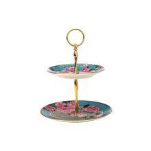 Load image into Gallery viewer, 2-Tier Porcelain Cake Stand with beautiful floral and bird design.  Spring feel. Beautiful gold trim and center stand.
