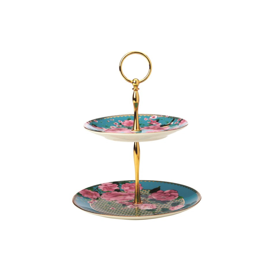 2-Tier Porcelain Cake Stand with beautiful floral and bird design.  Spring feel. Beautiful gold trim and center stand.