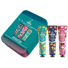 Load image into Gallery viewer, This Age Renewal Hand Cream Trio Set hydrates, nourishes and smoothes away any signs of ageing.  Enriched  proactive and natural ingredients, the hand creams are vegan &amp; cruelty-free, with added age renewal properties.  Packaged in a handy storage tin, re-use the tin again and again and store your favourites trinkets or jewellery!  Set Includes:  (1) Orange &amp; Mango Fragrance Hand Cream - 30ml (1) Cocoa &amp; Coconut Fragrance Hand Cream - 30ml (1) Age Renewal Unfragranced Hand Cream - 30ml
