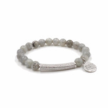 Load image into Gallery viewer, The Haze Glitz Beaded Bracelet in Silver is an absolute stunner because of the rhinestone paved bar nestled between stone beads. Each rhinestone paved bar is plated in silver and will stand the test of time for your collection. This bracelet is also great to stack with other bracelets to really bring an exquisite look all together. Exclusively from Kinsley Armelle.   Details:  Style: Beaded Material: Labradorite + Rhinestones Size: 6.5 - 8 Inch Circumference
