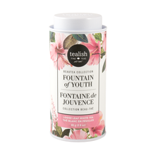 Load image into Gallery viewer, Fountain of Youth White Tea includes hibiscus, white tea and green tea. Paired with anti-inflammatory turmeric and rose hip, this fruity fusion will help your skin feel hydrated, fresh. A perfect tea for part of your daily routine and a healthy habit. Contains Caffeine.  Key Benefits:  Full of antioxidants Anti-inflammatory properties  Promotes peacefulness INGREDIENTS: white tea, green tea, hibiscus, orange peel, turmeric, rosehip, cornflower, blueberry, rose, natural flavours.

