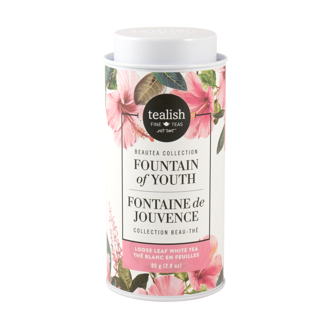 Fountain of Youth White Tea includes hibiscus, white tea and green tea. Paired with anti-inflammatory turmeric and rose hip, this fruity fusion will help your skin feel hydrated, fresh. A perfect tea for part of your daily routine and a healthy habit. Contains Caffeine.  Key Benefits:  Full of antioxidants Anti-inflammatory properties  Promotes peacefulness INGREDIENTS: white tea, green tea, hibiscus, orange peel, turmeric, rosehip, cornflower, blueberry, rose, natural flavours.