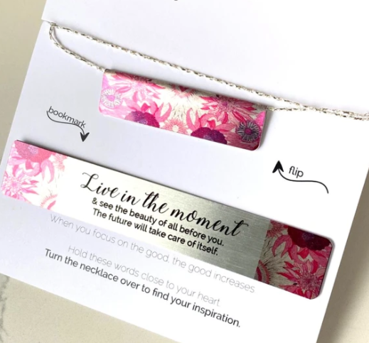 This beautiful SILVER and FUSHIA PINK FLORAL set includes:  (1) Bar Necklace (can be worn either way) - Quote on back : 