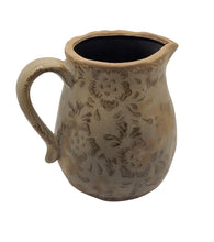 Load image into Gallery viewer, We can&#39;t get enough of this Shabby Chic Floral Imprinted Ceramic Pitcher. The contrast of both colour and texture adds instant vintage style, character and charm to any living space.  Perfect for your favourite flowers, or just as a decorative piece on your kitchen counter.    Dimensions: 6.25&quot; x 5.25&quot; x 6.00&quot;
