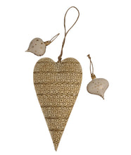Load image into Gallery viewer, How adorable are these little white and gold metal bells.  They even jingle!  They pair beautifully with our large gold metal hearts for a stunning tree decor.   Perfect for adding a special touch to your holiday gifts.  2 styles to choose from:  Snowflake Design Stars &amp; Dot Design Size:  2 x 2&quot;  Material:  Metal.  Shown: Metal Bell Ornaments with Large Gold Metal Heart Ornament
