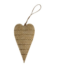 Load image into Gallery viewer, This stunning gold metal heart ornament will be the perfect accompaniment to any seasonal decor.  Large and beautiful, this sparkly gold ornament will compliment any tree.  Size:  7 x 3.5&quot;  Material:  Metal
