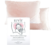 Load image into Gallery viewer, Luv It Pink is a dual-use pillowcase offering both comfort and functionality. This innovative pillowcase offers an absorbent side and a satin side to accompany your nightly beauty sleep ritual!  Absorbent side:  Controls moisture; Absorbs excess water in wet hair without leaving your pillow wet; Perfect for overnight hair treatments. Satin side:  Gentle on the skin Helps keep hair shiny; Controls frizz; Protects eyelash extensions.
