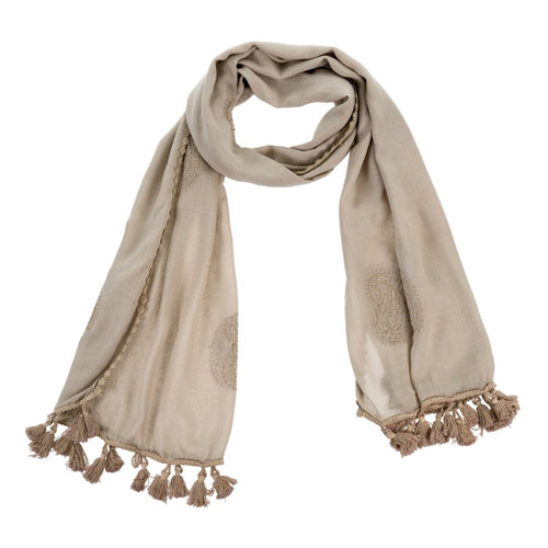 This beautifully hand-embroidered scarf is all about the details.  With its soft stonewashed colour, unique paisley daisy chain edging and thick tassel ends, it's a sophisticated accessory you can either dress up or down.  Perfect for walks along the beach or strolling through shops in your favourite little town.  Materials: 100% Rayon Dimensions: 80