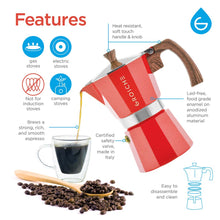 Load image into Gallery viewer, The Milano Red espresso 3-cup machine has many great features.  Heat resistant, soft touch handle and know, lead free, brews strong coffee, safety valve, easy to assemble
