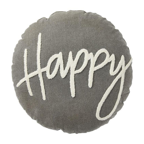 Who wouldn't feel happy seeing this adorable throw pillow everyday.  This washed canvas round pillow features the boucle sentiment 