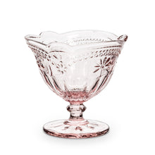 Load image into Gallery viewer, Welcome guests with these pretty flower footed compote pedestal dishes crafted in a classic antique style. This vintage pink style glass dish features exquisite crafting and intricate details that will help set the mood for your next special occasion.   Perfect as a candy/nut dish and of course ice cream!  Get creative and use it as a soap dish in your bathroom, or a jewelery dish in your daughter&#39;s room.  Size:  4&quot;H  Material:  Glass
