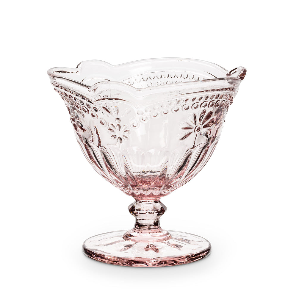 Welcome guests with these pretty flower footed compote pedestal dishes crafted in a classic antique style. This vintage pink style glass dish features exquisite crafting and intricate details that will help set the mood for your next special occasion.   Perfect as a candy/nut dish and of course ice cream!  Get creative and use it as a soap dish in your bathroom, or a jewelery dish in your daughter's room.  Size:  4