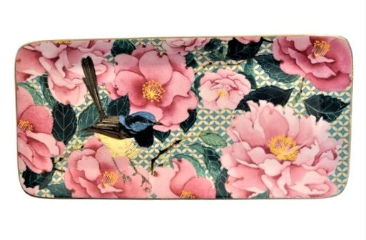 Serving Platter 12 x 24 cm with beautiful floral and bird design.  Spring feel. Beautiful gold trim 