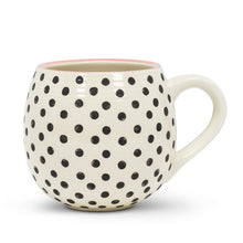 Load image into Gallery viewer, Brighten your morning coffee or tea with this stylish Polka Dot Ball Mug. Crafted out of stoneware, this hand-painted, capacious ball-shaped mug features a contemporary graphic polka dot pattern, offset by subtle pink trim around its rim. Dishwasher and microwave safe.  Matching dessert plate also available.  Size:  5&quot; L  Material:  Stoneware  Capacity:  16oz  Colour:  Ivory/Black
