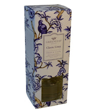 Load image into Gallery viewer, A timeless round glass vessel; pre-filled and comes with fiber reeds in a decorative box. Perfect for any bathroom, closet or small space for that fresh linen scent.  Bundle it with its matching Candle and Drawer Sachets for a beautiful gift idea.  4 oz
