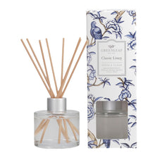 Load image into Gallery viewer, A timeless round glass vessel; pre-filled and comes with fiber reeds in a decorative box. Perfect for any bathroom, closet or small space for that fresh linen scent.  Bundle it with its matching Candle and Drawer Sachets for a beautiful gift idea.  4 oz
