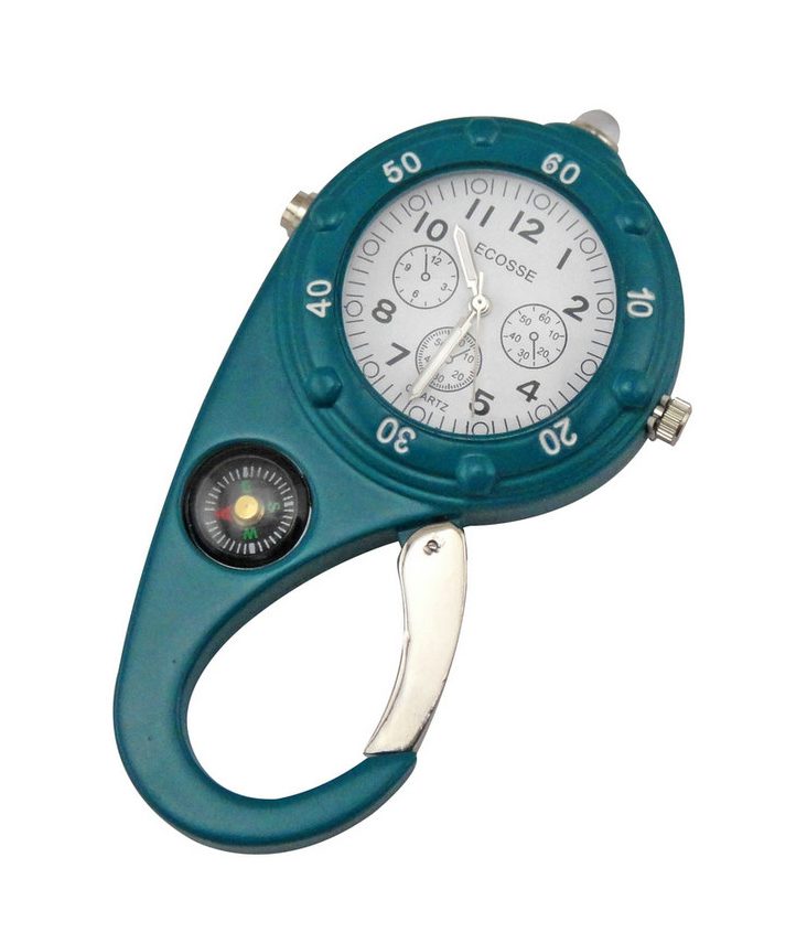 Pocket Watch - Ecosse Quartz with Compass and Microlight Metal Clip-on - Teal