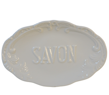 Load image into Gallery viewer, This embossed soap dish will add a touch of French elegance to any bathroom. Made of durable porcelain this item will withstand daily soap and water.  Size:  6&quot;L  Material:  Bone China

