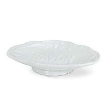 Load image into Gallery viewer, This embossed soap dish will add a touch of French elegance to any bathroom. Made of durable porcelain this item will withstand daily soap and water.  Size:  6&quot;L  Material:  Bone China
