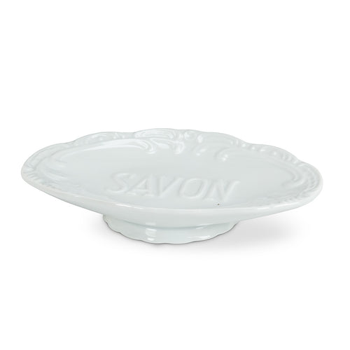 This embossed soap dish will add a touch of French elegance to any bathroom. Made of durable porcelain this item will withstand daily soap and water.  Size:  6
