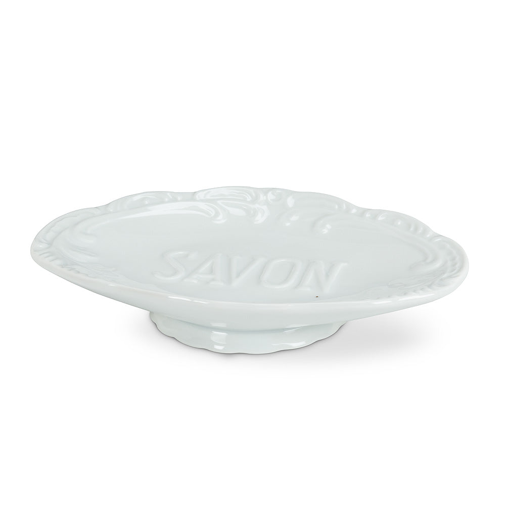 This embossed soap dish will add a touch of French elegance to any bathroom. Made of durable porcelain this item will withstand daily soap and water.  Size:  6